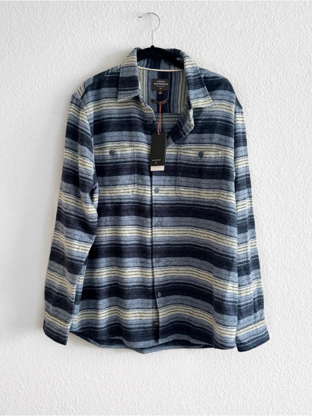 NWT Quiksilver Waterman blue striped Flannel Button Up Shirt S Cotton